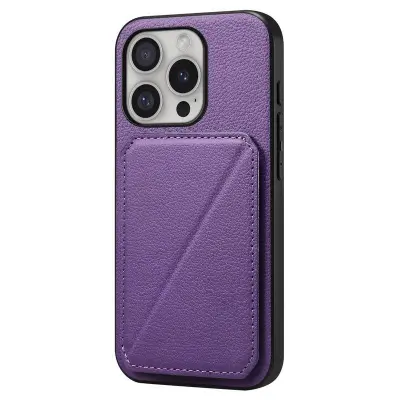 DENIOR D04 iPhone 16 Pro Fodral Kortfack Ställ i Läder - Lila