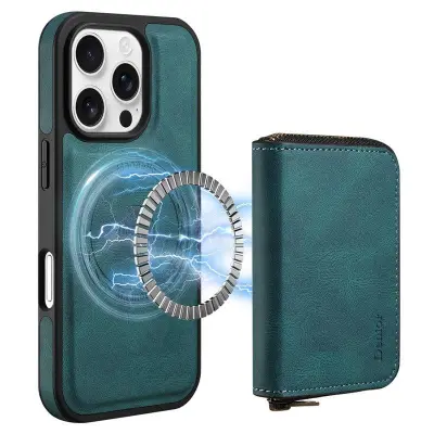 DENIOR iPhone 16 Pro Fodral Äkta Läder Med Dragkedja - Blå