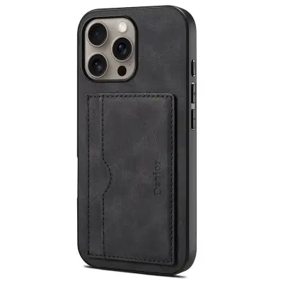 DENIOR iPhone 16 Pro Fodral Kortfack Ställ Retro Konstläder - Svart