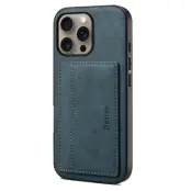 DENIOR iPhone 16 Pro Fodral Kortfack Ställ Retro Läder+PC+TPU Blå