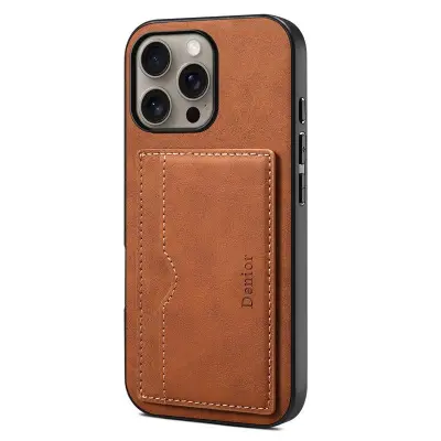 DENIOR iPhone 16 Pro Fodral Kortfack Ställ Retro Konstläder Brun