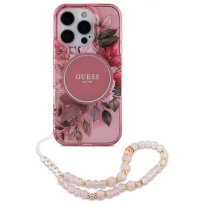 Guess iPhone 16 Pro Mobilskal MagSafe IML Flowers Med Pearl Strap - Rosa