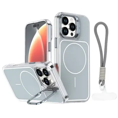 iPhone 16 Pro Mobilskal MagSafe Lens Kickstand med Handrem - Grå (Grå)
