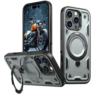 iPhone 16 Pro Mobilskal Plast Militärskydd Kickstand - Grå