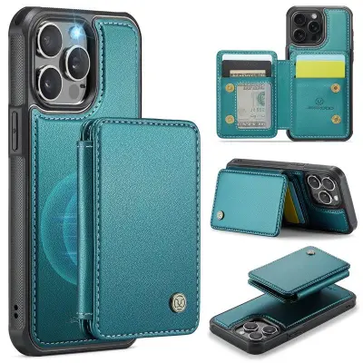 JEEHOOD J05 iPhone 16 Pro Fodral Konstläder med Magnetisk Kortväska Cyan