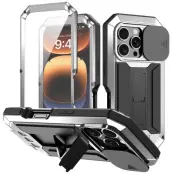 R-JUST Mobilskal till iPhone 16 Pro Kickstand Silicone+Metal+PC Silver