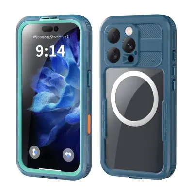 SHELLBOX iPhone 16 Pro Fodral IP68 Vattentåligt Klar Blå+Cyan