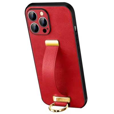 SULADA iPhone 16 Pro Mobilskal Läder med Handledsrem och Ställ - Röd