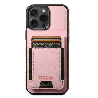 SUTENI iPhone 16 Pro Mobilskal Korthållare Litchi Läder - Rosa