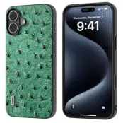 ABEEL Mobilskal till iPhone 16 Äkta Läder + PC + TPU Grön Ostrich Textur