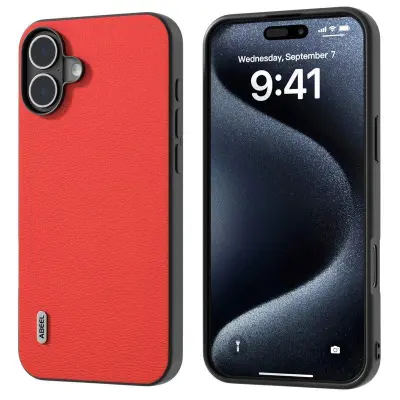 ABEEL iPhone 16 Mobilskal Äkta Läder + PC + TPU Röd