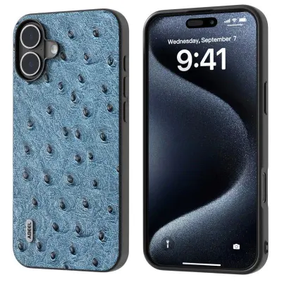 ABEEL iPhone 16 Mobilskal Äkta Läder + PC + TPU Blå Ostrich Textur