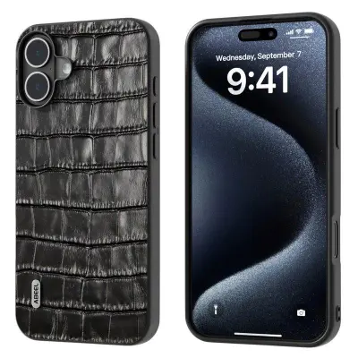 ABEEL iPhone 16 Mobilskal Äkta Läder + PC + TPU Stöttålig - Svart