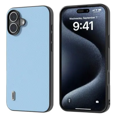 ABEEL iPhone 16 Mobilskal Äkta Läder Coated PC+TPU Hybrid Blå