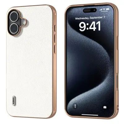 ABEEL iPhone 16 Mobilskal Electroplating Edge Äkta Läder Grå