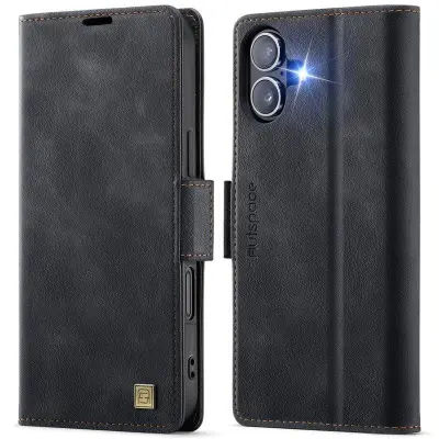 AUTSPACE iPhone 16 Fodral Retro Konstläder - RFID-Skydd - Svart