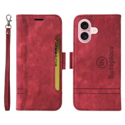 BETOPNICE 001 för iPhone 16 Plånboksfodral Konstläder - Röd