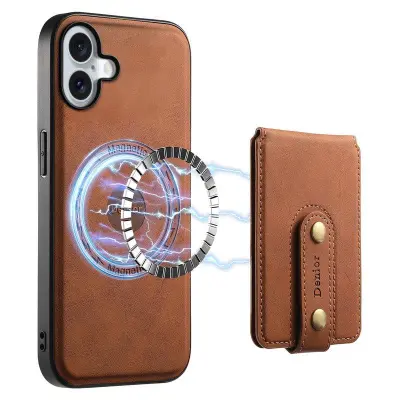 DENIOR D14 iPhone 16 Fodral Kickstand Kortfack Äkta Läder Brun