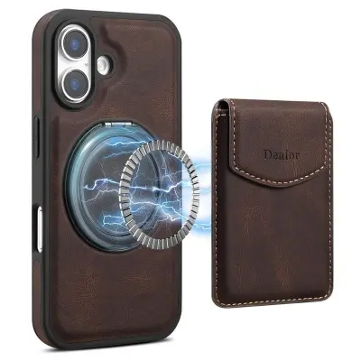 DENIOR D20 iPhone 16 Fodral Avtagbar Kortväska Konstläder Brun
