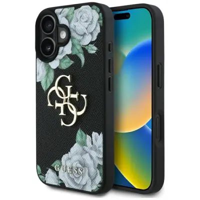Guess iPhone 16 Mobilskal Grained Roses Big 4G logo - Svart