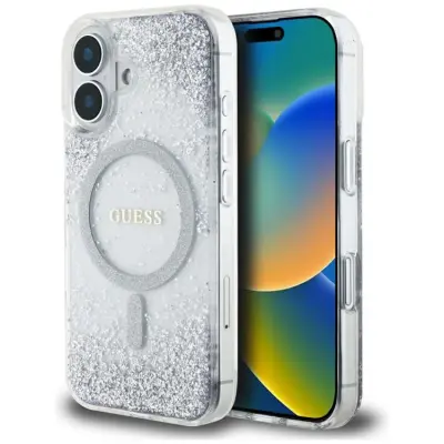 Guess Mobilskal till iPhone 16 MagSafe HC Resin Bottom Glitter - Silver