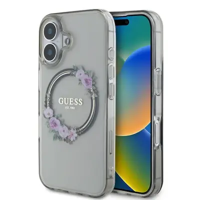 Guess iPhone 16 Mobilskal MagSafe IML Flowers Wreath - Svart