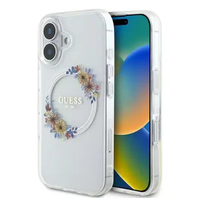 Guess iPhone 16 Mobilskal MagSafe IML Flowers Wreath - Transparent