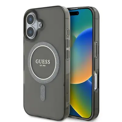 Guess iPhone 16 Mobilskal MagSafe IML Glitter Circle - Svart