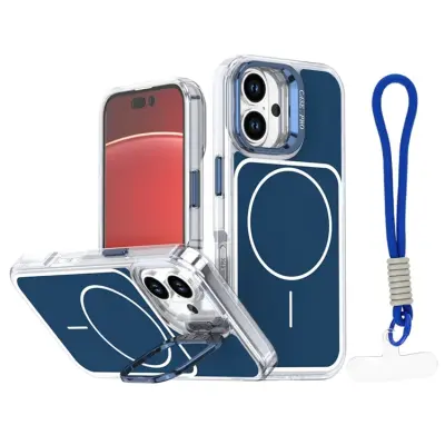 iPhone 16 Mobilskal MagSafe Lens Kickstand med Handrem - Blå (Blå)