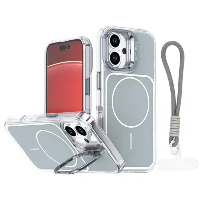 iPhone 16 Mobilskal MagSafe Lens Kickstand med Handrem - Grå (Grå)