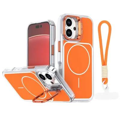 iPhone 16 Mobilskal MagSafe Lens Kickstand med Handrem - Orange (Orange)