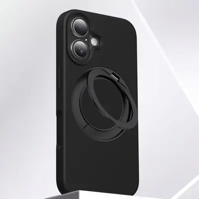 iPhone 16 Mobilskal MagSafe Silikon Roterande Kickstand (Svart)