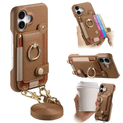 iPhone 16 Mobilskal med Korthållare Ring Kickstand - Brun (Brun)