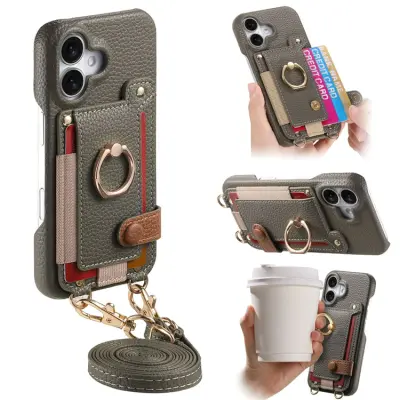 iPhone 16 Mobilskal med Korthållare Ring Kickstand - Grå (Grå)