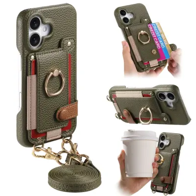 iPhone 16 Mobilskal med Korthållare Ring Kickstand - Grön (Midnattsgrön)