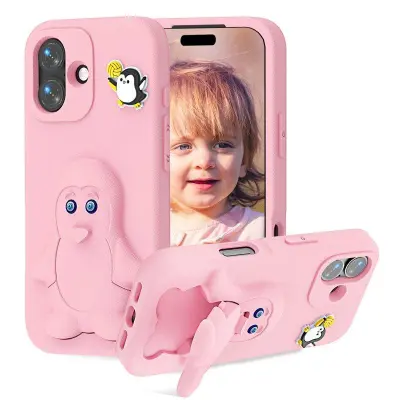Penguin för iPhone 16 Mobilskal Kickstand Stöttålig EVA - Rosa
