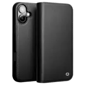Qialino iPhone 16 Plånboksfodral Äkta läder - Svart