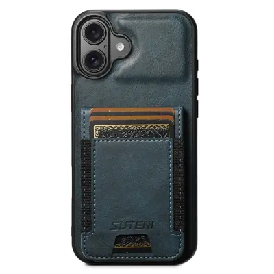 SUTENI iPhone 16 Mobilskal Korthållare Waxy Läder - Blå