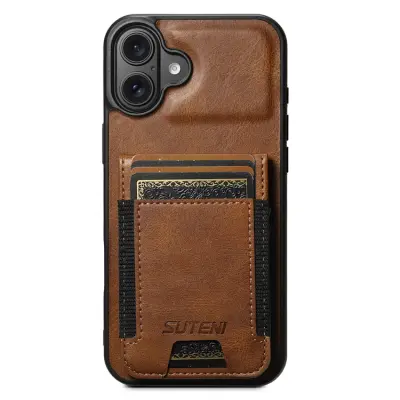 SUTENI iPhone 16 Mobilskal Korthållare Waxy Läder - Brun