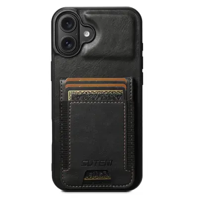 SUTENI iPhone 16 Mobilskal Korthållare Waxy Läder - Svart