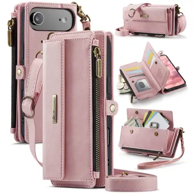 CASEME iPhone Air Konstläder Plånboksfodral RFID-Skydd Zipper (Rosa)