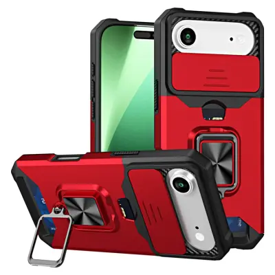 iPhone Air Mobilskal Slide Lens Lid med Kortfack - Röd