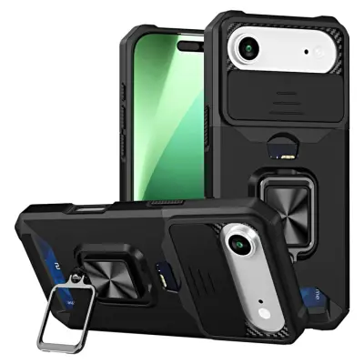 iPhone Air Mobilskal Slide Lens Lid med Kortfack - Svart