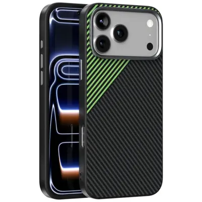 ABEEL iPhone 17 Pro Max Mobilskal MagSafe Carbon Fiber Texture (Svart/Grön)