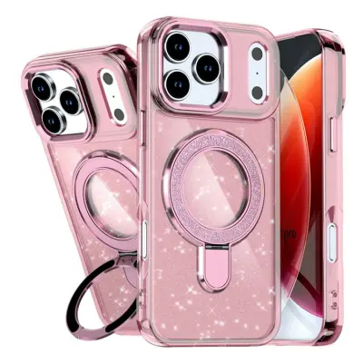 iPhone 17 Pro Max Mobilskal Glitter Design TPU + PC Kickstand - Rosa