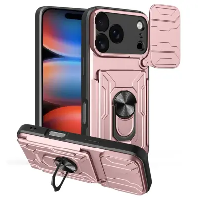 iPhone 17 Pro Max Mobilskal Kamera Slider PC + TPU Kickstand - Roséguld