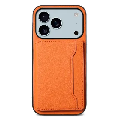 iPhone 17 Pro Max Mobilskal Korthållare Calf Kickstand Läder - Orange (Orange)