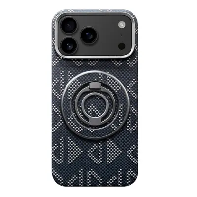 iPhone 17 Pro Max Mobilskal MagSafe Kevlar Metal Ring - Geo Metric Blå