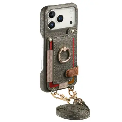 iPhone 17 Pro Max Mobilskal med Korthållare Ring Kickstand - Grå (Grå)