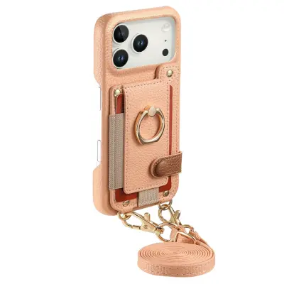 iPhone 17 Pro Max Mobilskal med Korthållare Ring Kickstand - Rosa (Rosa)